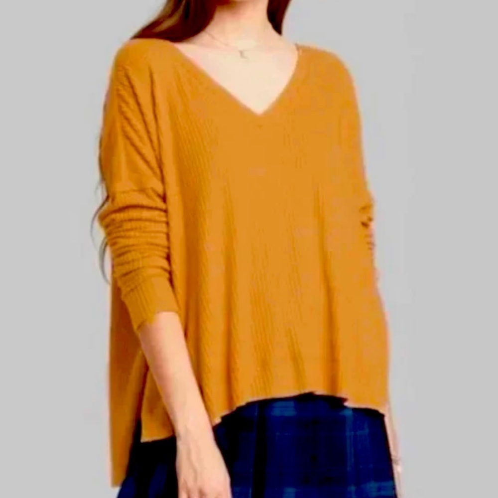 Wild Fable Long Sleeve V-Neck Cozy Rib Oversized Shirt Sweater Large Brown